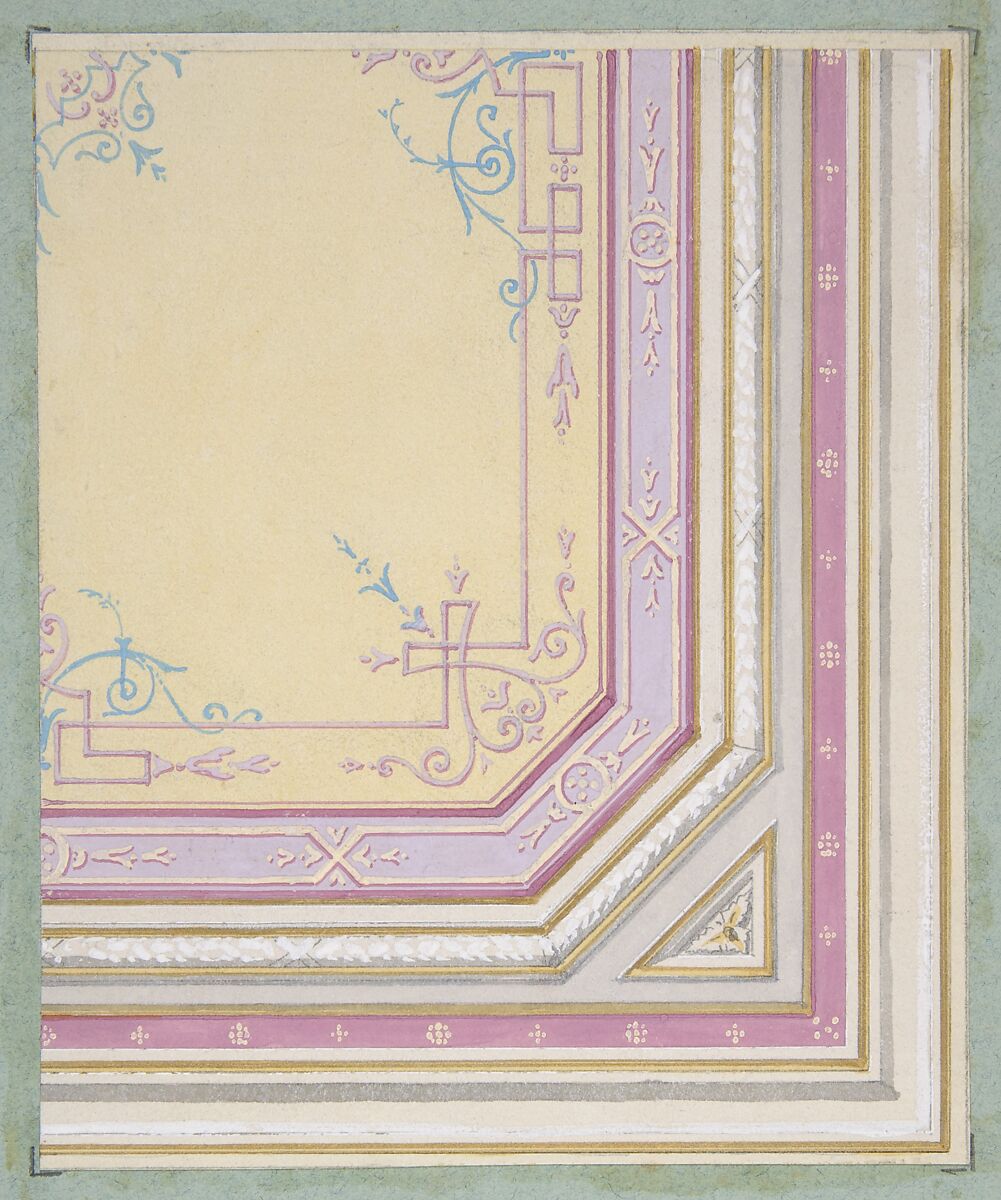Partial design for the painted decoration of a ceiling, Jules-Edmond-Charles Lachaise (French, died 1897), wash, watercolor, gouache, and gold paint over graphite on wove paper; mounted on blue wove paper 