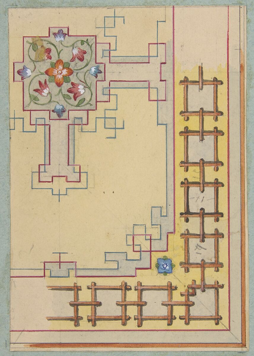 Partial design for ceiling decorated in chinese motifs, Jules-Edmond-Charles Lachaise (French, died 1897), pen and ink, wash, watercolor, and gouache on wove paper; mounted on blue wove paper 