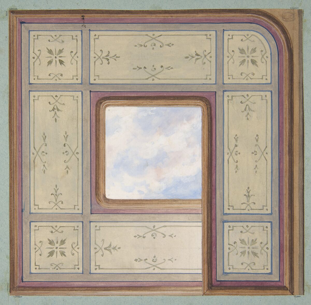 Design for the decoration of a ceiling with a central panel of painted clouds, Jules-Edmond-Charles Lachaise (French, died 1897), pen and ink, watercolor, and gouache over graphite on laid paper; mounted on blue wove paper 