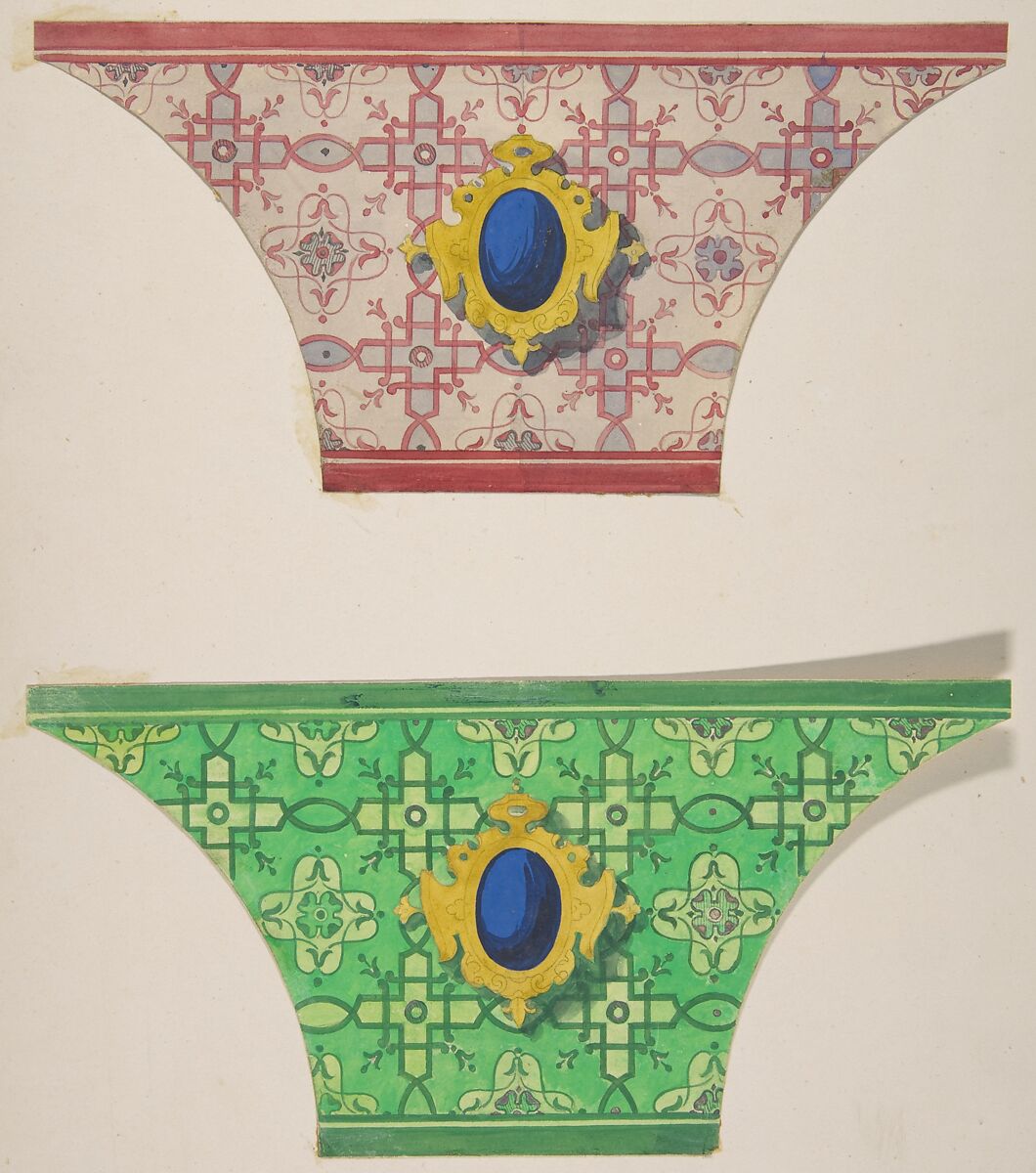 Two designs for the painted decoration of ceiling coves with cartouches, Jules-Edmond-Charles Lachaise (French, died 1897), Graphite, watercolor and gouache on wove paper; mounted on wove paper 