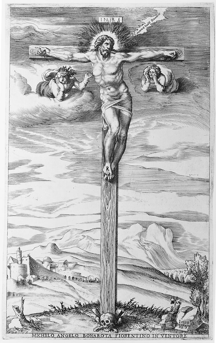 Crucifixion with Two Angels, Giulio Bonasone (Italian, active Rome and Bologna, 1531–after 1576), Engraving and etching