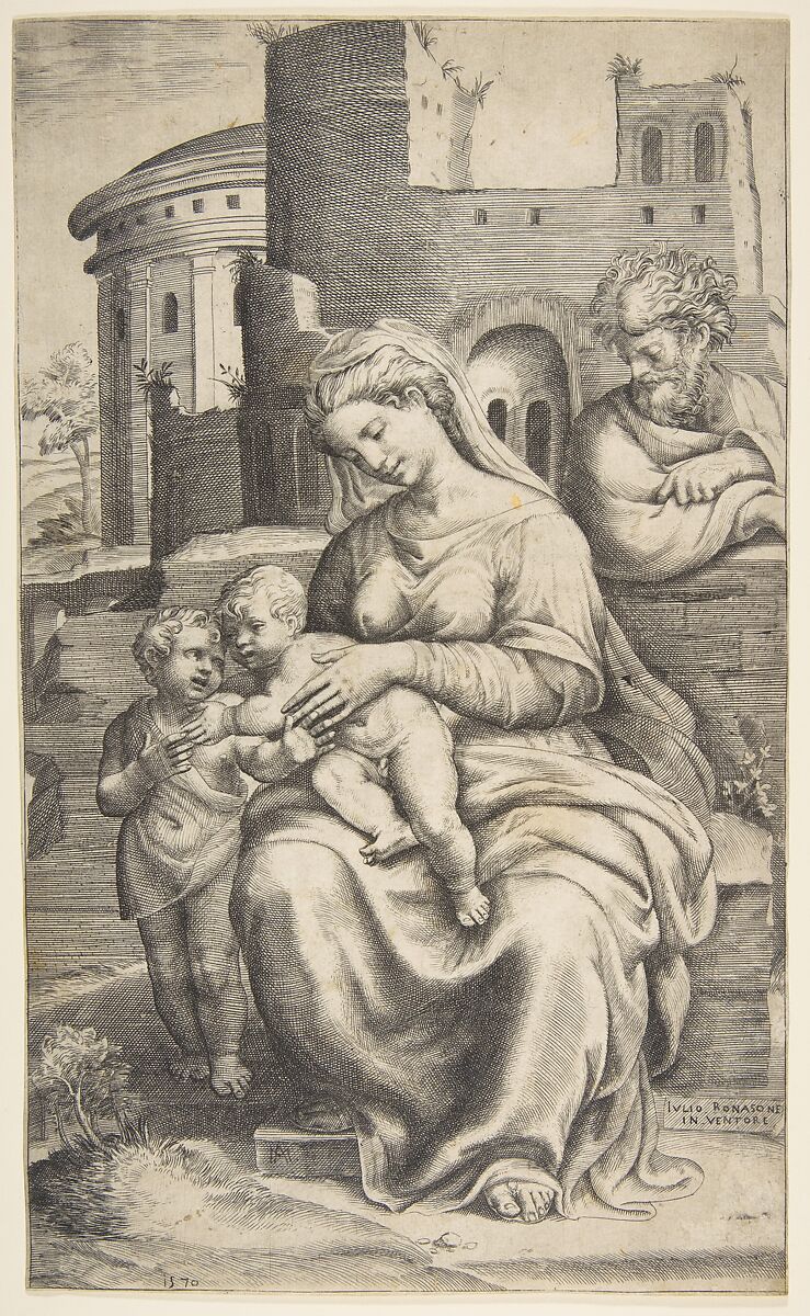 The Holy Family with Saint John the Baptist, Giulio Bonasone (Italian, active Rome and Bologna, 1531–after 1576), Engraving 