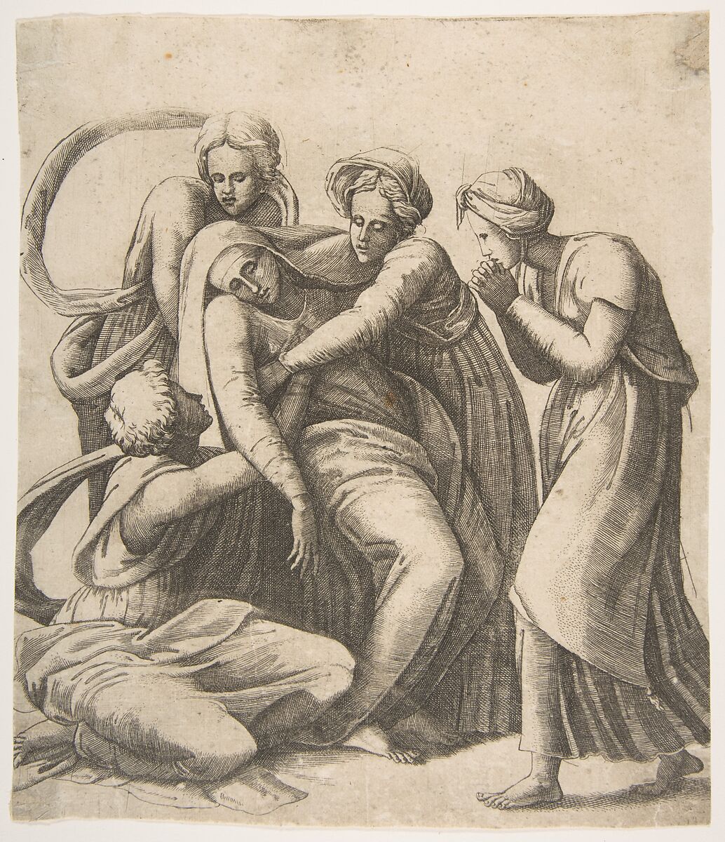 The Virgin fainting and being supported in the arms of the holy women, Giulio Bonasone (Italian, active Rome and Bologna, 1531–after 1576), Engraving 