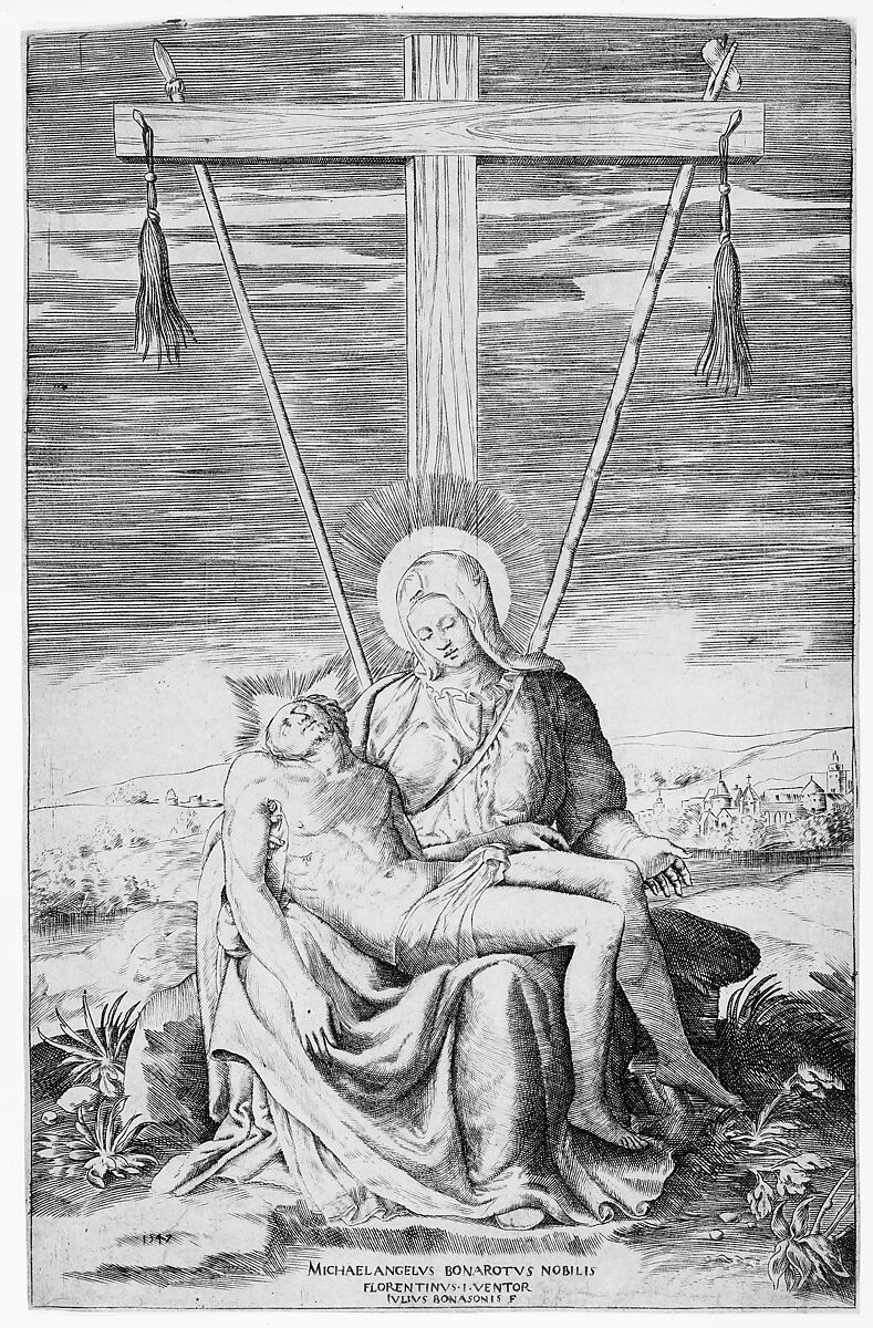 Pietà under the Cross of Golgatha, Giulio Bonasone (Italian, active Rome and Bologna, 1531–after 1576), Engraving