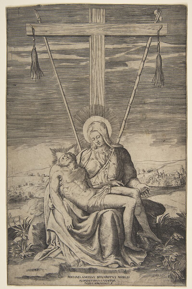 Pieta under the Cross of Golgatha, Giulio Bonasone (Italian, active Rome and Bologna, 1531–after 1576), Engraving 