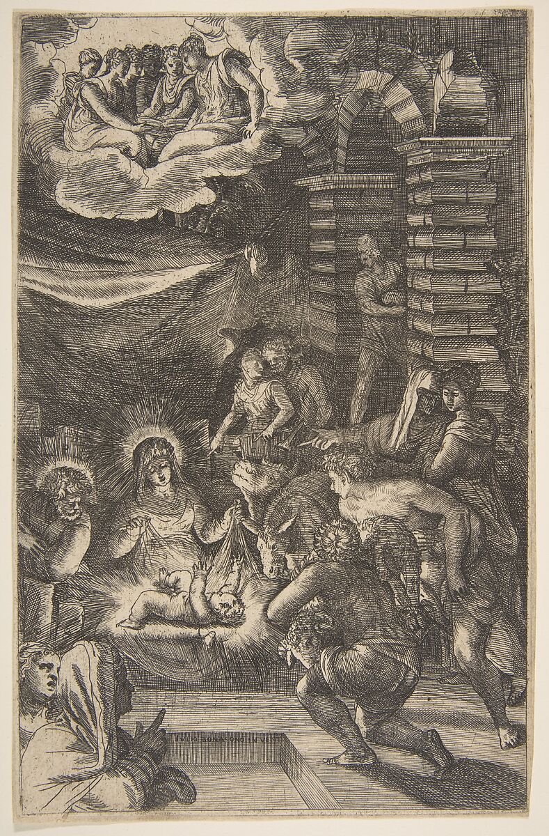 Adoration, Giulio Bonasone (Italian, active Rome and Bologna, 1531–after 1576), Etching with drypoint and some engraving 