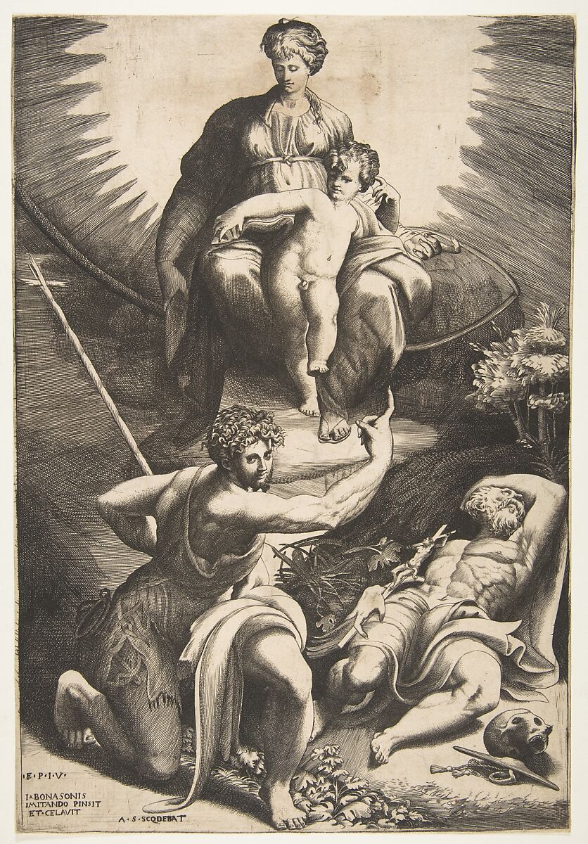 The vision of Saint Jerome who is asleep in the bottom right, the Virgin and Child appear above being pointed to by Saint John the Baptist, Giulio Bonasone (Italian, active Rome and Bologna, 1531–after 1576), Engraving 