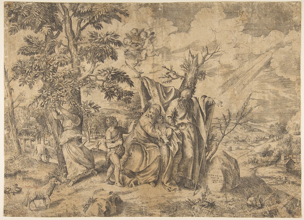 The Rest on the Flight into Egypt, Joseph at right, the Virgin holds the Christ Child in the centre, other figures to the left, Giulio Bonasone (Italian, active Rome and Bologna, 1531–after 1576), Etching and engraving 