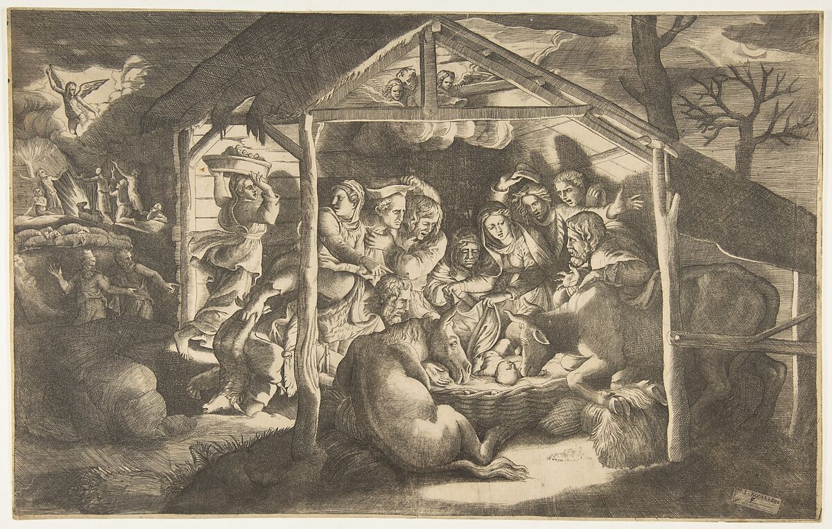 The adoration of the shepherds, various figures surrounding the Christ Child in the centre, Giulio Bonasone (Italian, active Rome and Bologna, 1531–after 1576), Engraving 