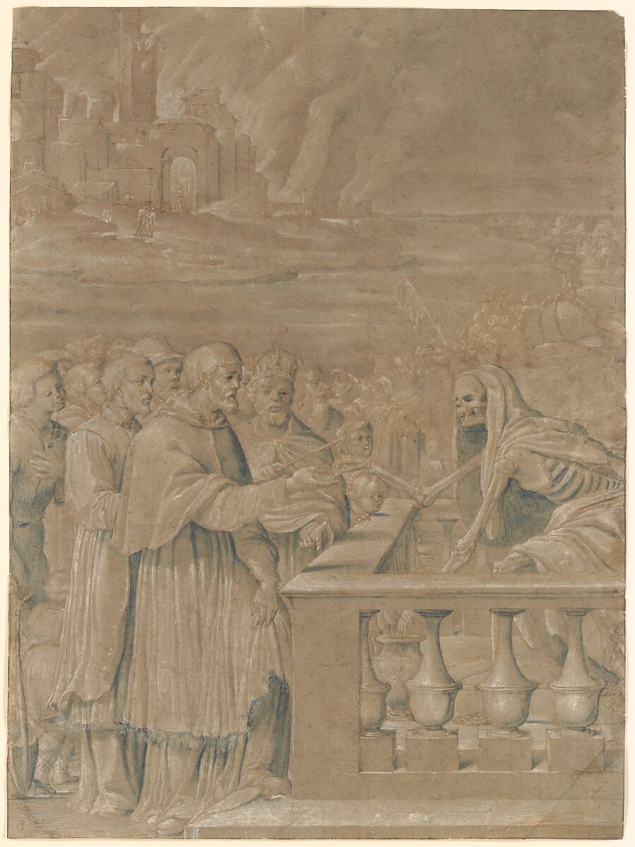 Allegory of the Triumph of Death over Church and State, Girolamo da Treviso (Italian, Treviso ca. 1498–1544 Boulogne-sur-Mer), Pen and brown ink, brush with brown and gray-blue wash, highlighted with white gouache, on brownish paper (probably blue originally). 