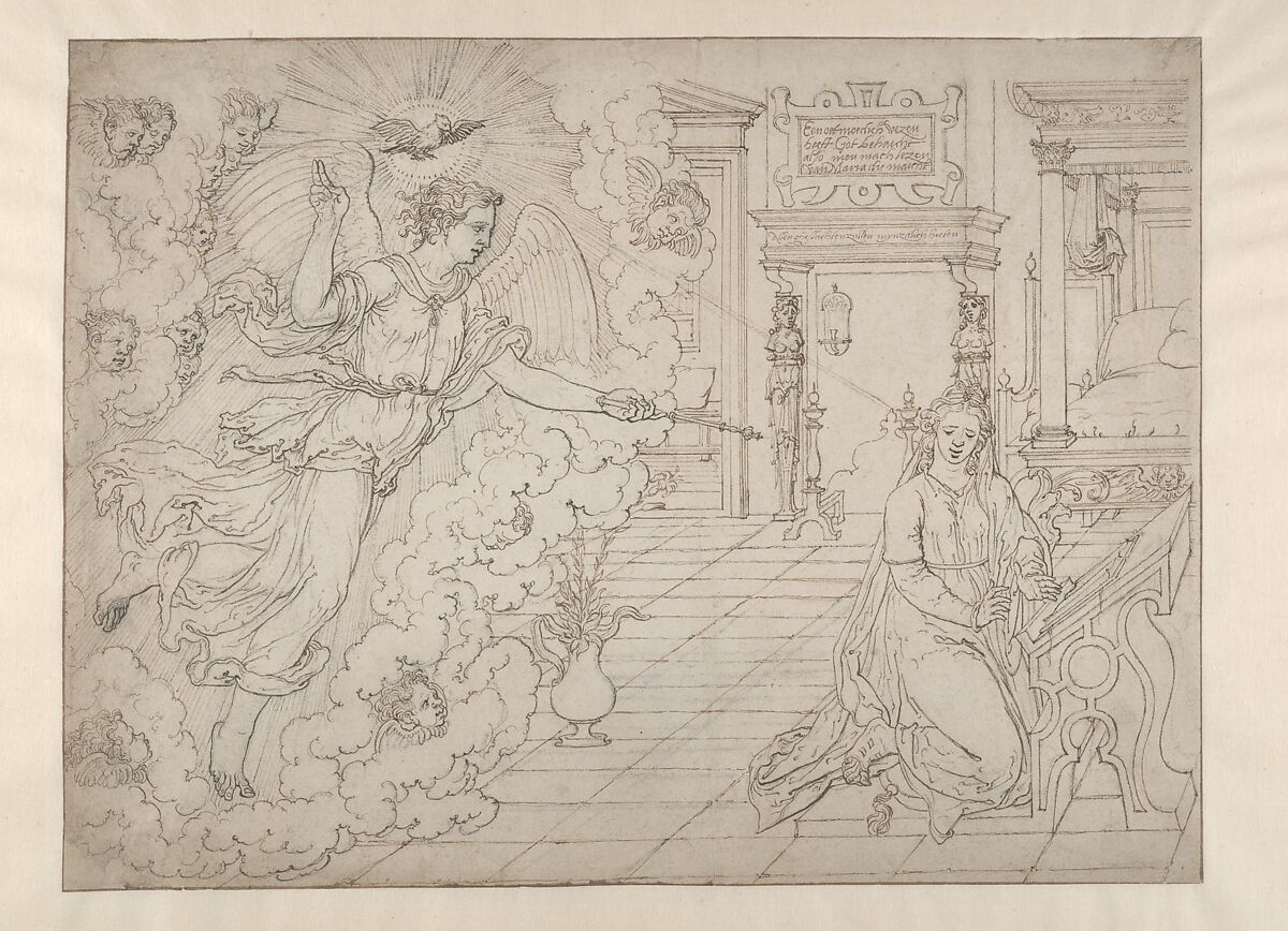 The Annunciation, Dirck Pietersz. Crabeth (Netherlandish, Gouda 1501–1574 Gouda), Pen and brown ink over black chalk, with brown ink framing lines, with traces of red chalk