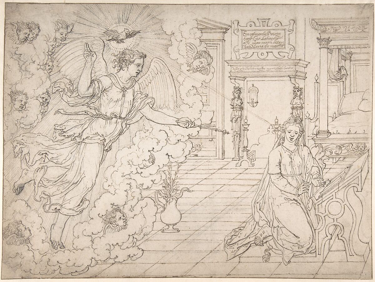 The Annunciation, Dirck Pietersz. Crabeth (Netherlandish, Gouda 1501–1574 Gouda), Pen and brown ink over black chalk, with brown ink framing lines, with traces of red chalk