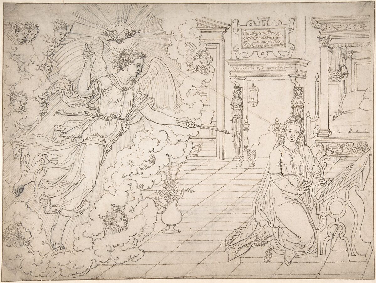 The Annunciation, Dirck Pietersz. Crabeth (Netherlandish, Gouda 1501–1574 Gouda), Pen and brown ink over black chalk, with brown ink framing lines, with traces of red chalk 