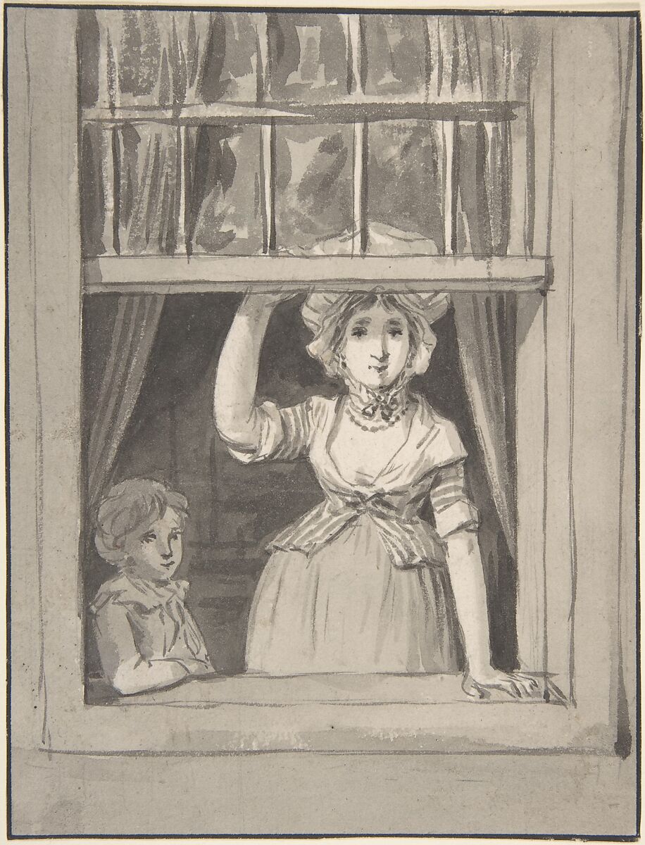A Woman Standing at an Open Sash Window, a Small Boy Beside Her, Anthonie Andriessen (Dutch, Amsterdam 1746–1813 Amsterdam), Brush and gray ink; framing line in pen and black ink 