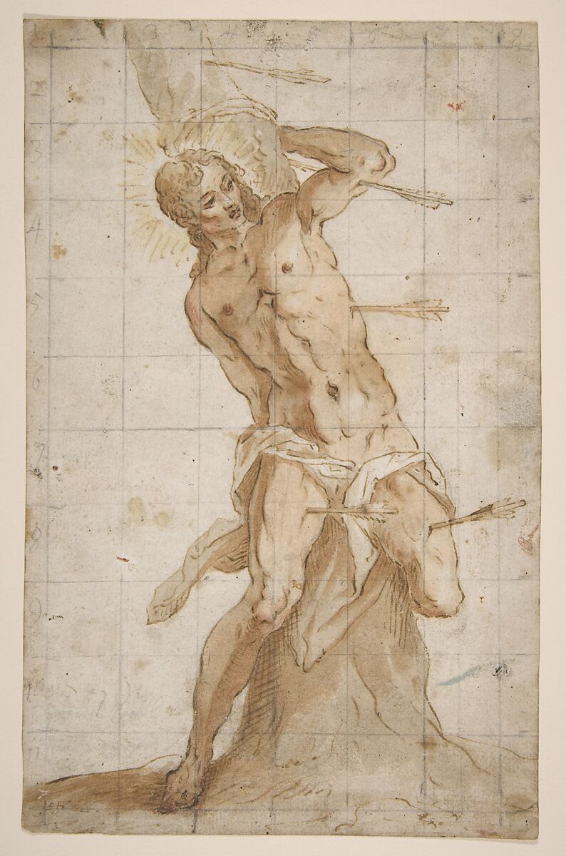 Saint Sebastian, Hans Friedrich Schorer (German, ca. 1609–1649, (active Augsburg)), Pen and brown ink, brown wash, red chalk, squared and numbered in black chalk. 