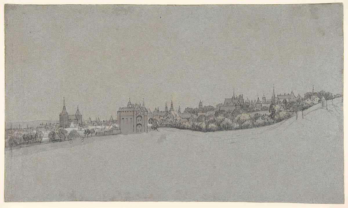 A View of Brussels from the South, with the Halle Gate at Center; verso: Landscape Sketch, Daniël Schellinks (Dutch, Amsterdam 1627–1701 Amsterdam), Black chalk, brush and gray wash, heightened with white chalk, on blue paper 