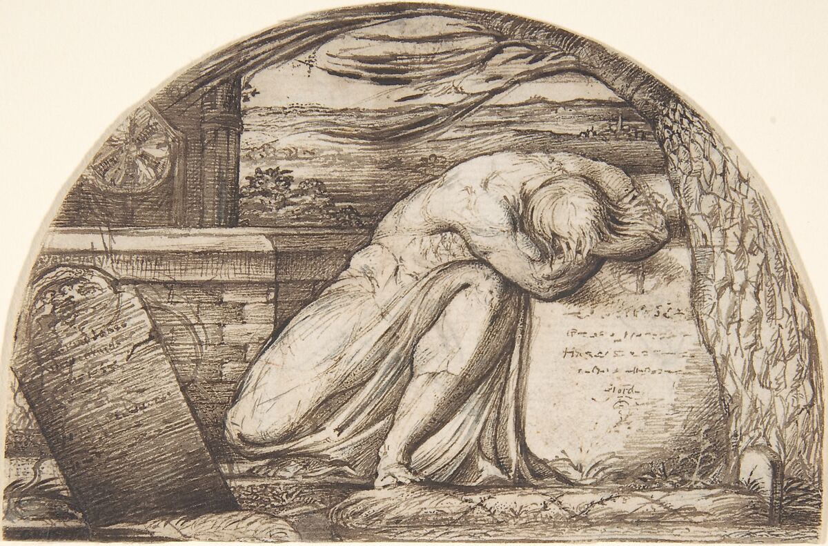 A figure weeping over a grave, George Richmond (British, Brompton 1809–1896 London), Pen and brown ink over graphite 