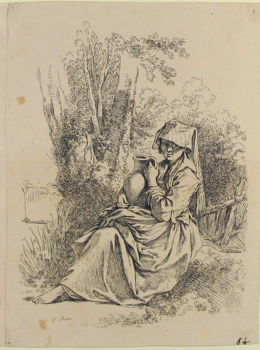 Seated Young Peasant Woman Holding a Jug, from Nouveau Livre de diverse Figures (New Book of Various Figures), François Boucher (French, Paris 1703–1770 Paris), Etching; second state of two (Baudicour) 