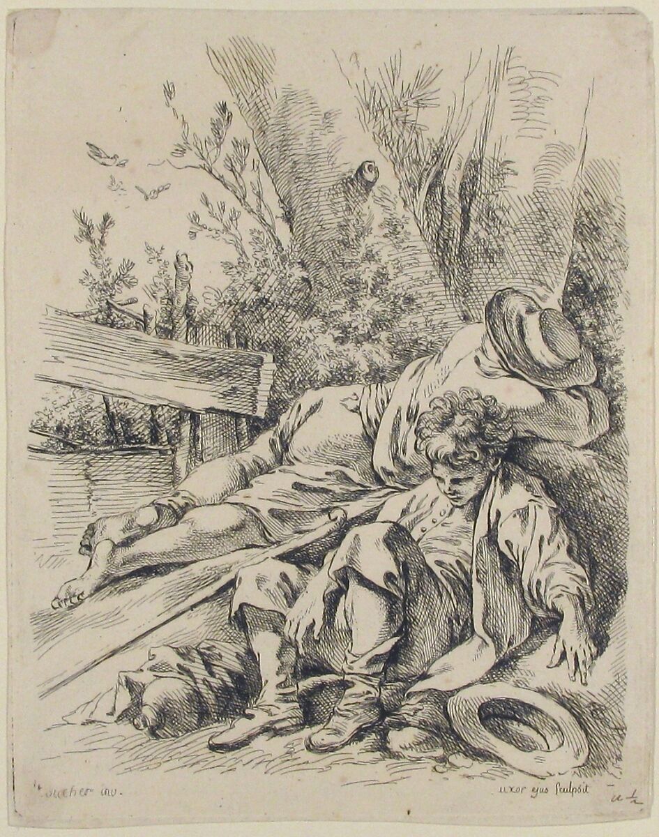 Two Boys Sleeping Besides a Tree, Marie Jeanne Boucher (French, Paris 1716–1785), Etching