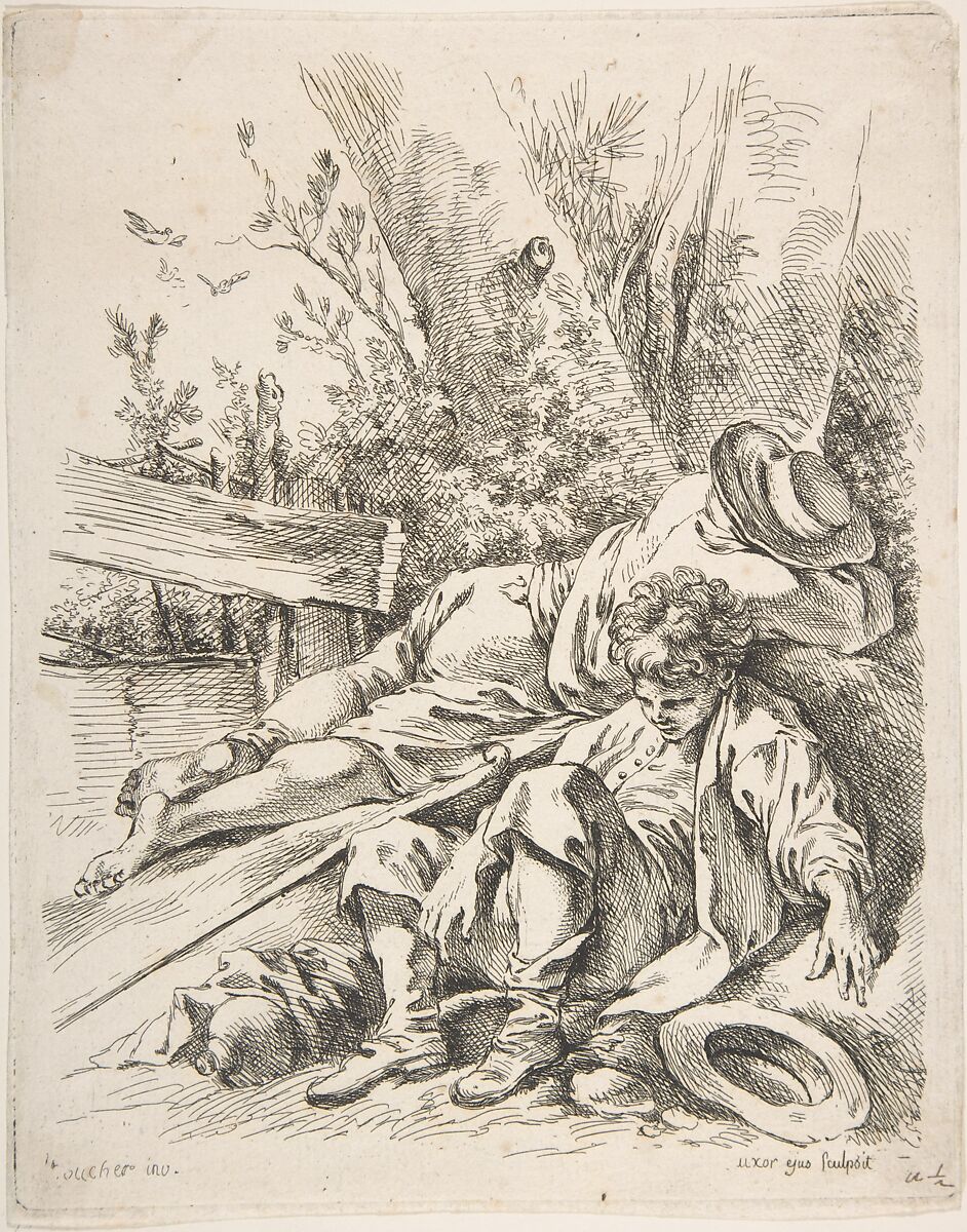 Two Boys Sleeping Besides a Tree, Marie Jeanne Boucher (French, Paris 1716–1785), Etching 