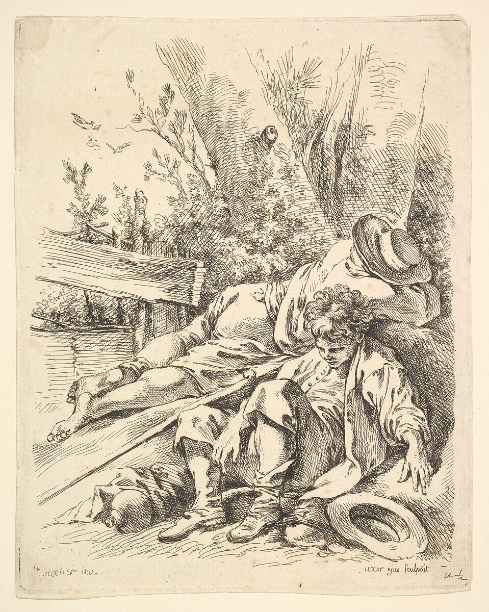 Two Boys Sleeping Besides a Tree, Marie Jeanne Boucher (French, Paris 1716–1785), Etching