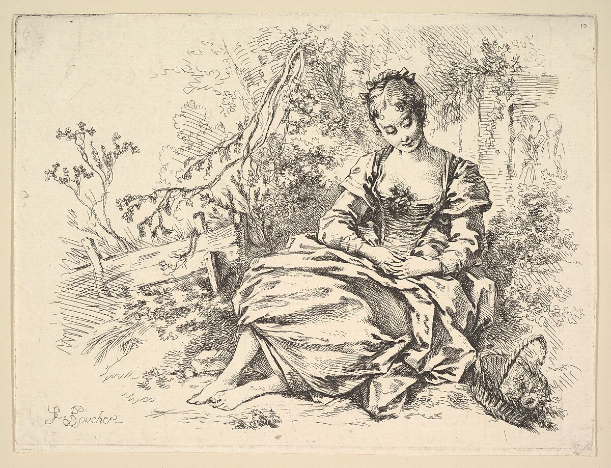Girl in a Landscape with a Basket of Flowers, François Boucher (French, Paris 1703–1770 Paris), Etching, first state of two 