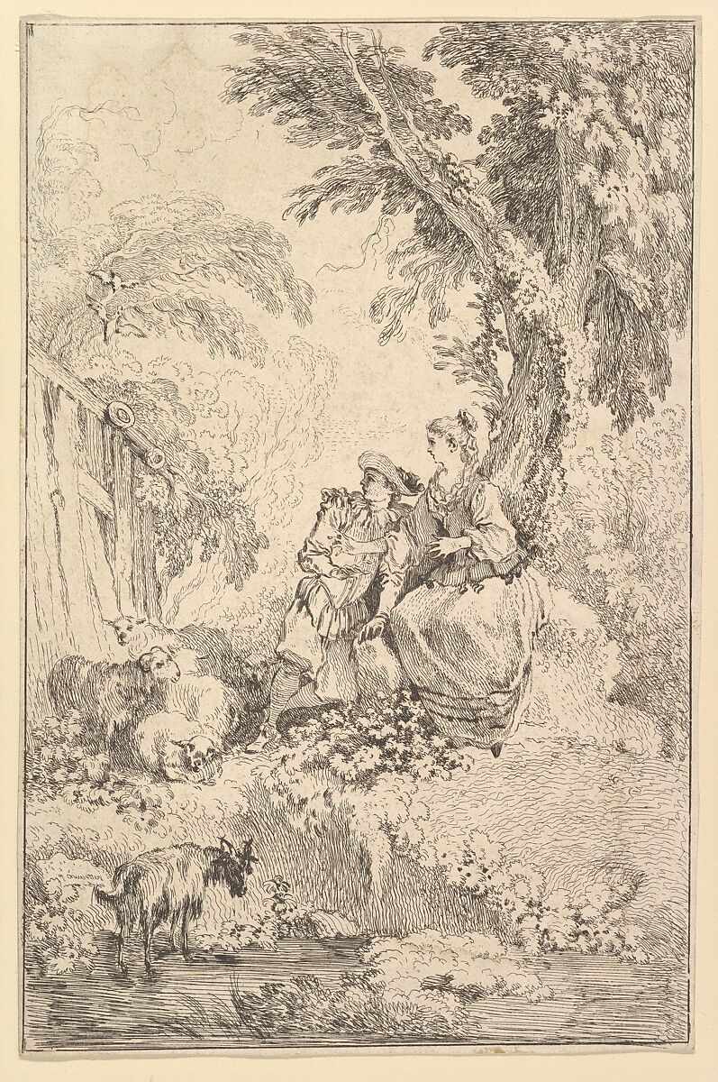 Surprised Young Couple Under a Tree, François Boucher (French, Paris 1703–1770 Paris), Etching 