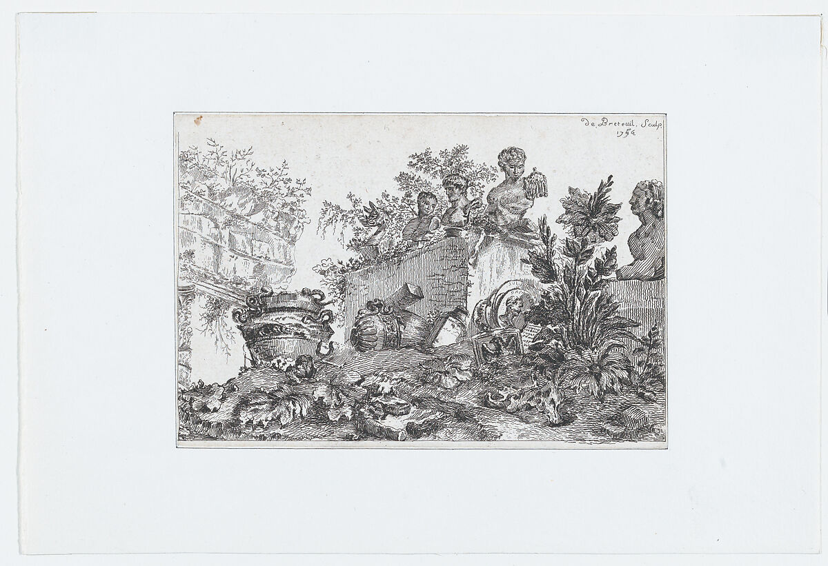 Landscape with Ruins of Statues and Vases, Comte de Jacques Laure Breteuil (French, 1730–1750), Etching