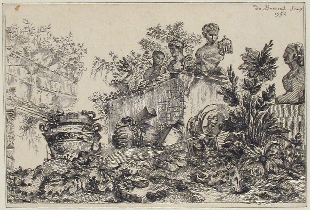 Landscape with Ruins of Statues and Vases, Comte de Jacques Laure Breteuil (French, 1730–1750), Etching 