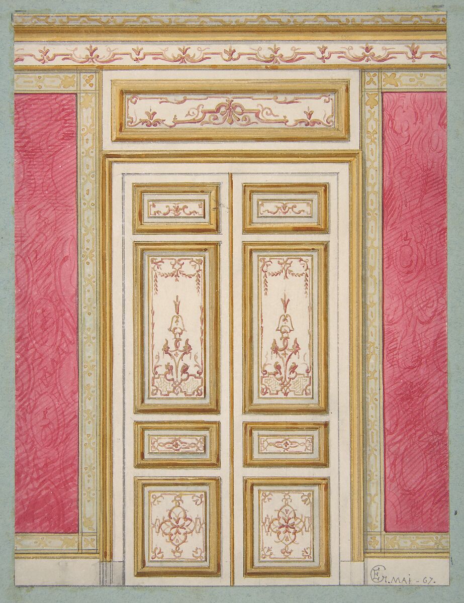 Design for double doors decorated in the rococco style, Jules-Edmond-Charles Lachaise (French, died 1897), Graphite, pen and ink, watercolor and gold paint on wove paper; mounted on blue paper 