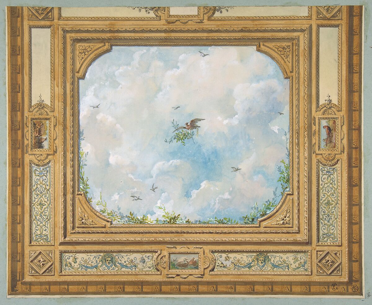 Design for a ceiling decorated with clouds and birds, Jules-Edmond-Charles Lachaise (French, died 1897), graphite, pen and ink, watercolor and gold paint on wove paper; mounted on blue paper 