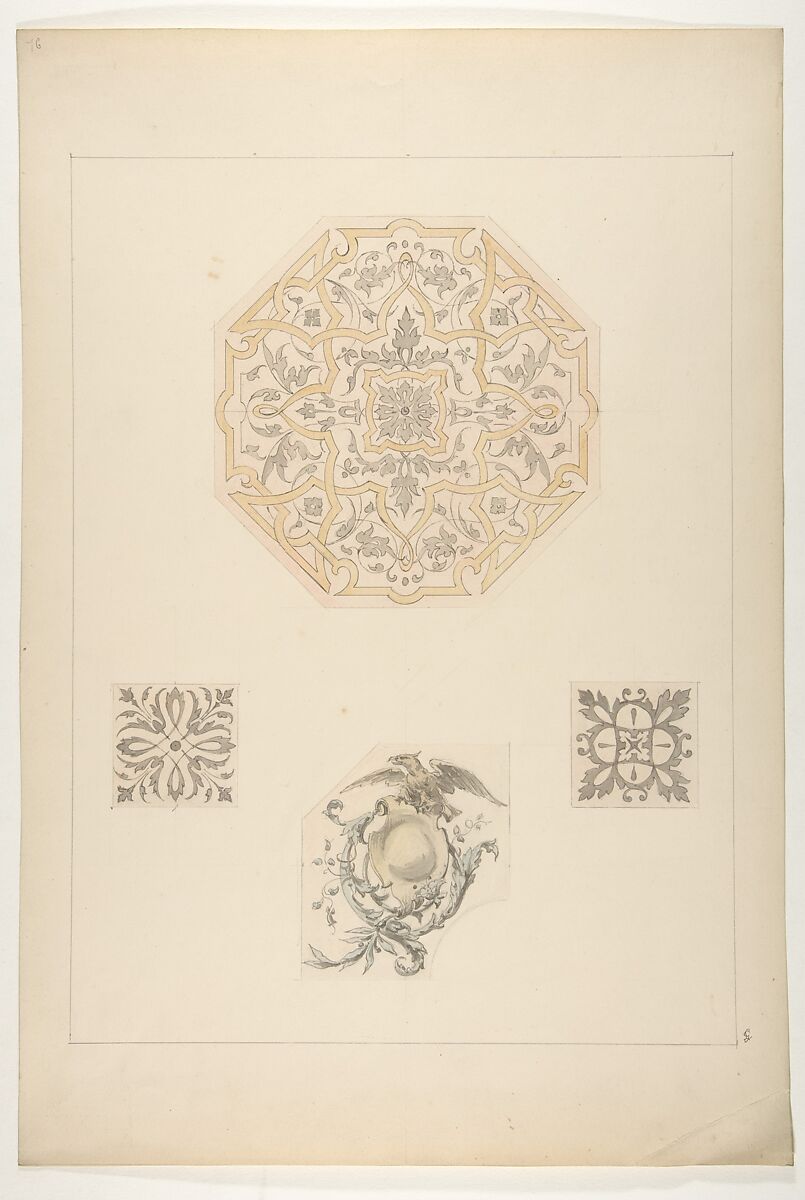 Four designs for decorative motifs, Jules-Edmond-Charles Lachaise (French, died 1897), graphite, pen and ink, wash, and watercolor on wove paper 
