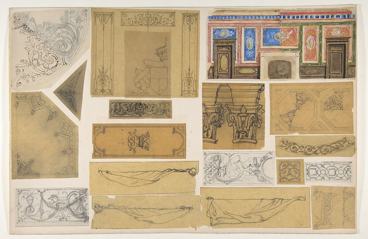 Nineteen designs for the painted decoration of interiors, Jules-Edmond-Charles Lachaise (French, died 1897), graphite, pen and ink, watercolor, and gold paint on various papers; mounted on cardboard 