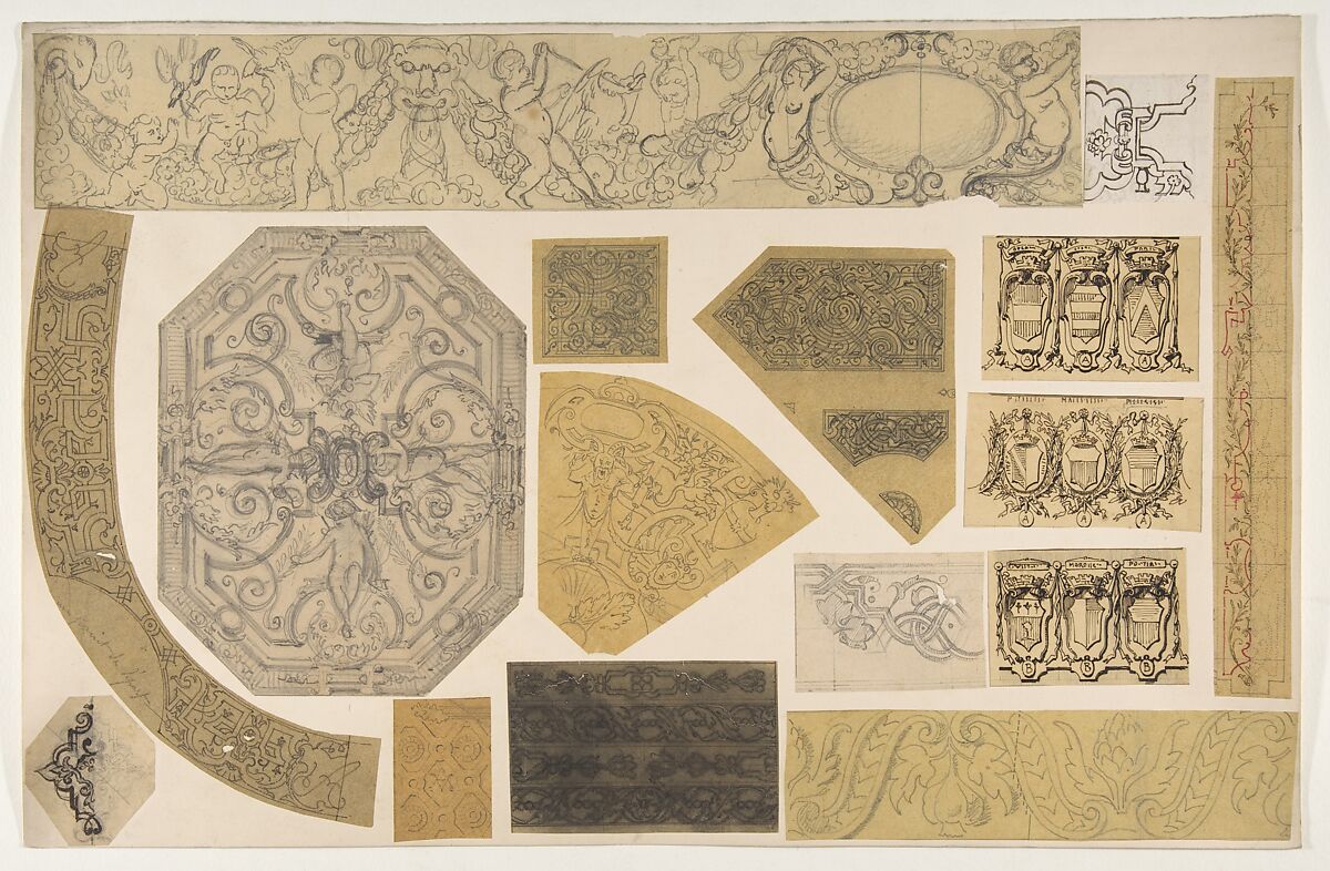 Sixteen designs for the painted decoration of interiors, Jules-Edmond-Charles Lachaise (French, died 1897), graphite and pen and ink on various papers; mounted on cardboard 
