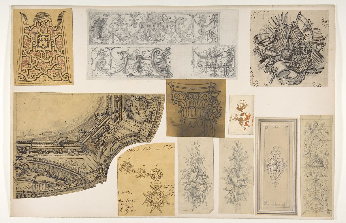 Eleven designs for the painted decoration of interiors, Jules-Edmond-Charles Lachaise (French, died 1897), graphite, pen and ink, and watercolor on various papers; mounted on cardboard 