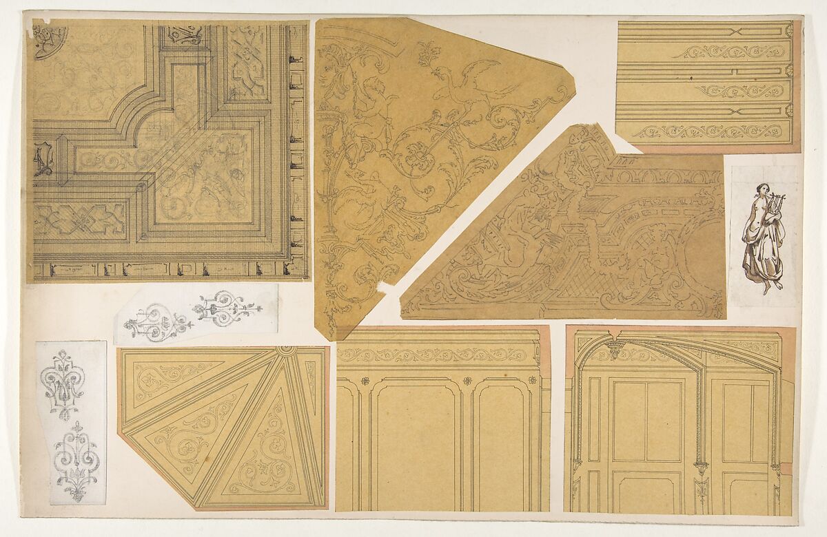 Ten designs for the decoration of interiors, Jules-Edmond-Charles Lachaise (French, died 1897), graphite, pen and ink, and wash on various papers; mounted on cardboard 