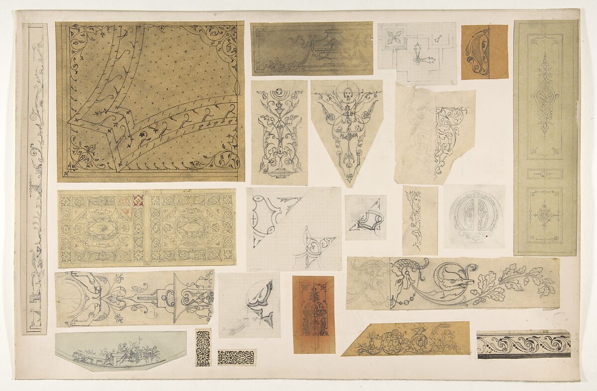Twenty-two designs for the painted decoration of interiors, Jules-Edmond-Charles Lachaise (French, died 1897), graphite, pen and ink, and wash on various papers; mounted on cardboard 