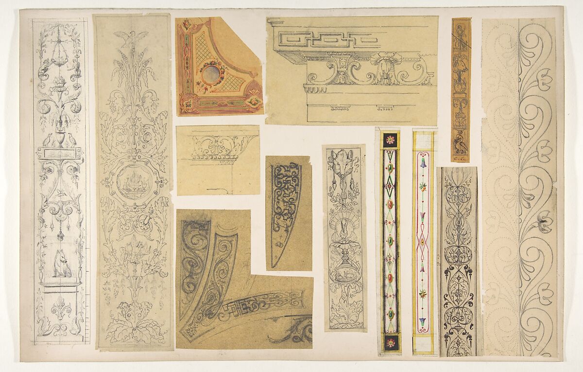 Thirteen designs for the painted decoration of interiors, Jules-Edmond-Charles Lachaise (French, died 1897), graphite, pen and ink, watercolor and gouache on various papers; mounted on cardboard 