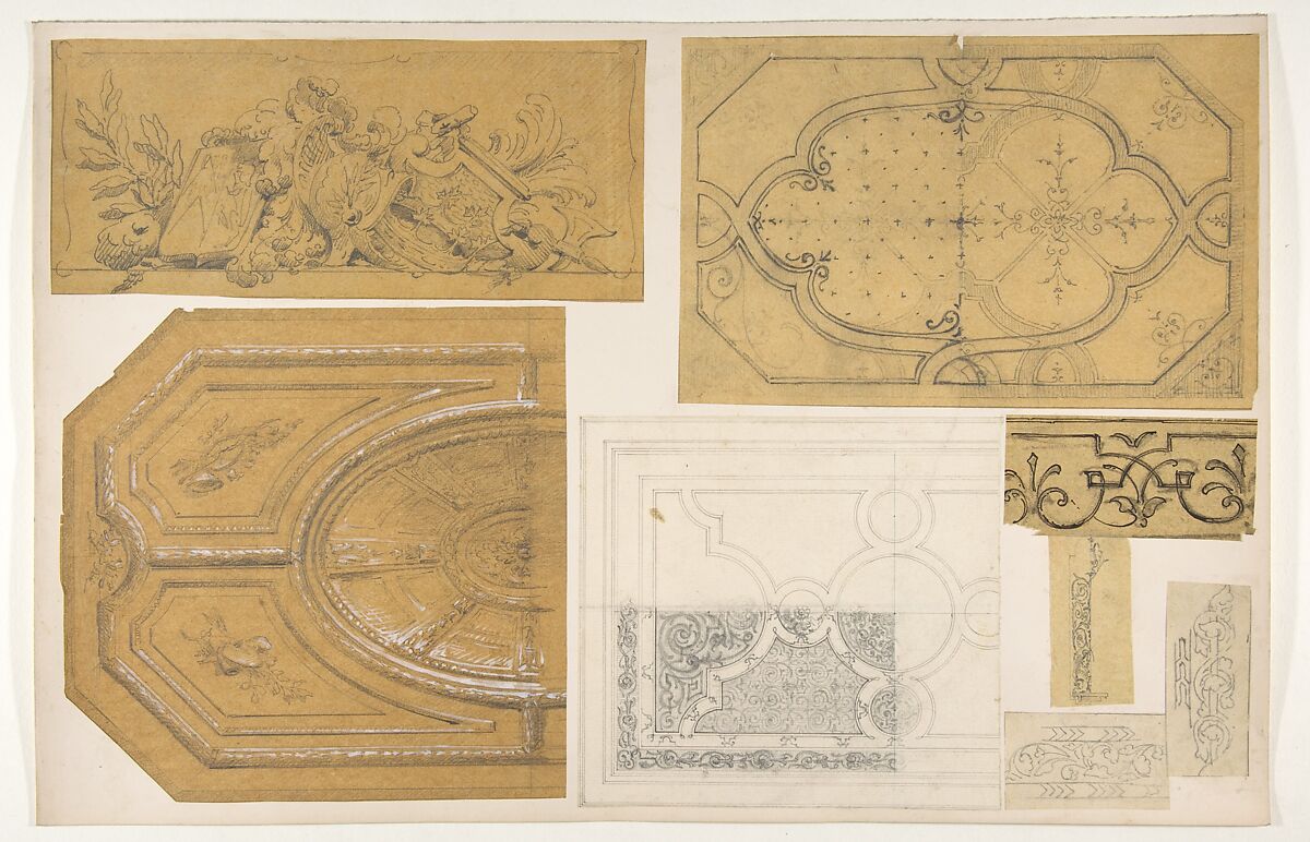Eight designs for the painted decoration of interiors, Jules-Edmond-Charles Lachaise (French, died 1897), graphite and pen and ink, heightened with white on various papers; mounted on cardboard 