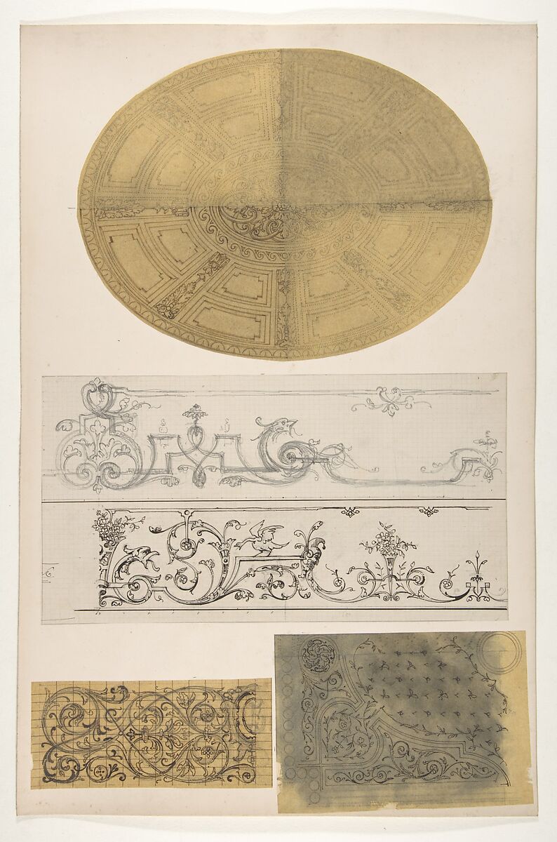 Five designs for the decoration of interiors, Jules-Edmond-Charles Lachaise (French, died 1897), graphite and pen and ink on various papers; mounted on cardboard 