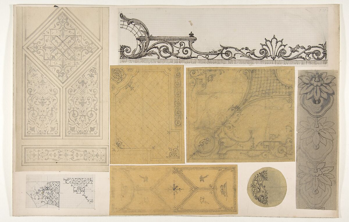 Eight designs for the painted decoration of interiors, Jules-Edmond-Charles Lachaise (French, died 1897), graphite and pen and ink on various papers; mounted on cardboard 