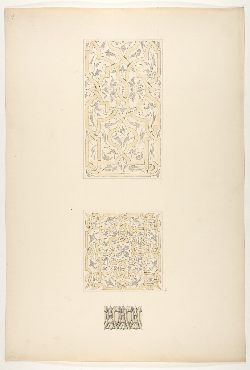 Three designs for decorative motifs in strapwork, rinceaux, and egg-and-dart patterns, Jules-Edmond-Charles Lachaise (French, died 1897), graphite, pen and ink, wash and watercolor on wove paper 
