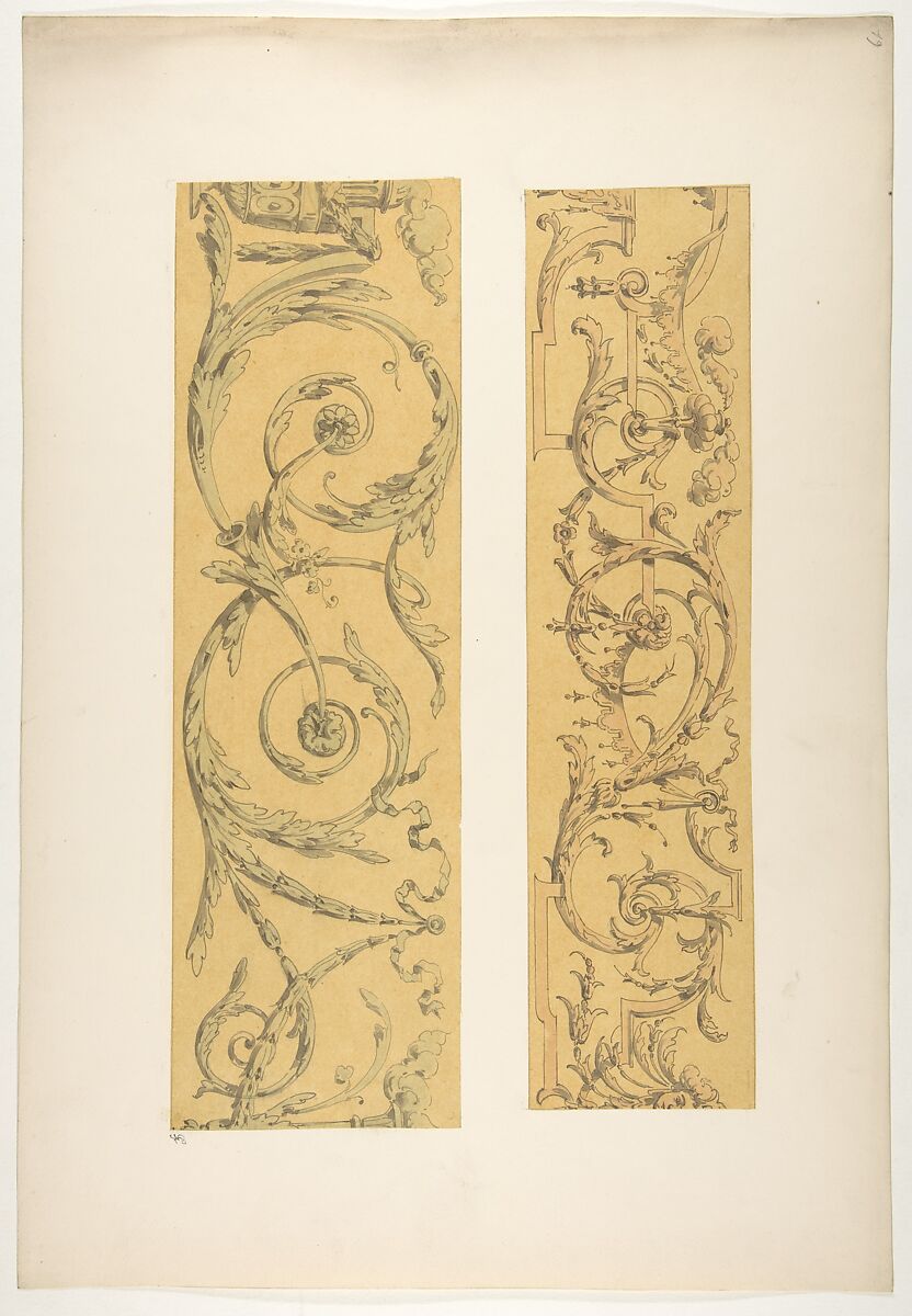 Two designs for decorative borders in strapwork and rinceaux, Jules-Edmond-Charles Lachaise (French, died 1897), pen and ink, wash and watercolor on tracing paper; mounted on wove paper 