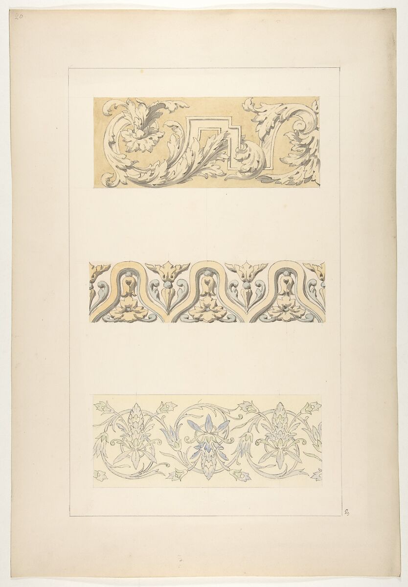 Three designs for decorative borders, Jules-Edmond-Charles Lachaise (French, died 1897), pen and ink, wash and watercolor over graphite on wove paper 
