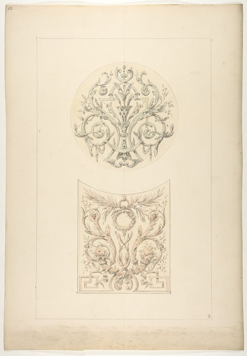Two designs for decorative motifs featuring cornucopia and rinceaux, Jules-Edmond-Charles Lachaise (French, died 1897), pen and ink, wash and watercolor over graphite on wove paper 