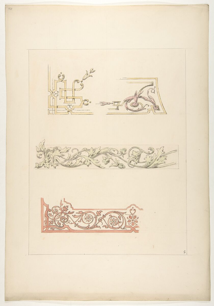 Three designs for decorative borders, Jules-Edmond-Charles Lachaise (French, died 1897), pen and ink, wash and watercolor over graphite on wove paper 