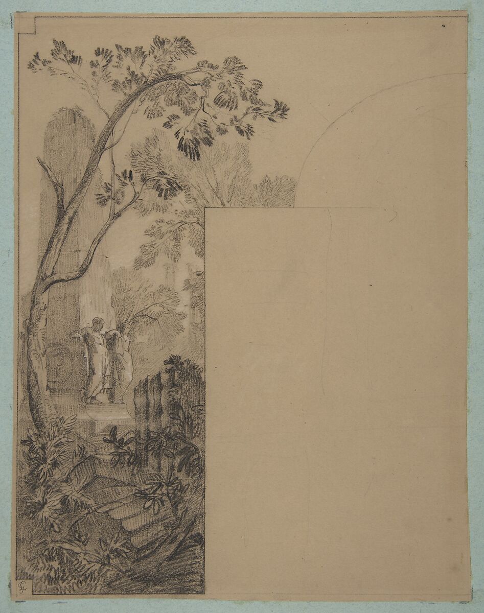 Design for mural decoration surrounding a door: landscape with classical ruins, Jules-Edmond-Charles Lachaise (French, died 1897), black chalk heighted with white on beige wove paper; mounted on blue wove paper 