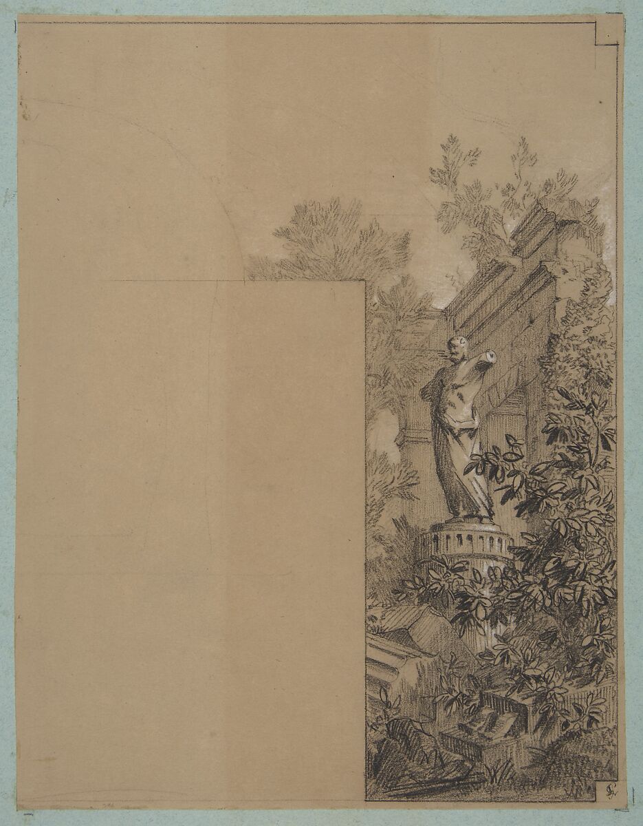 Design for mural decoration surrounding a door:  landscape with classical ruins, Jules-Edmond-Charles Lachaise (French, died 1897), black chalk, heightened with white on beige wove paper; mounted on blue wove paper 