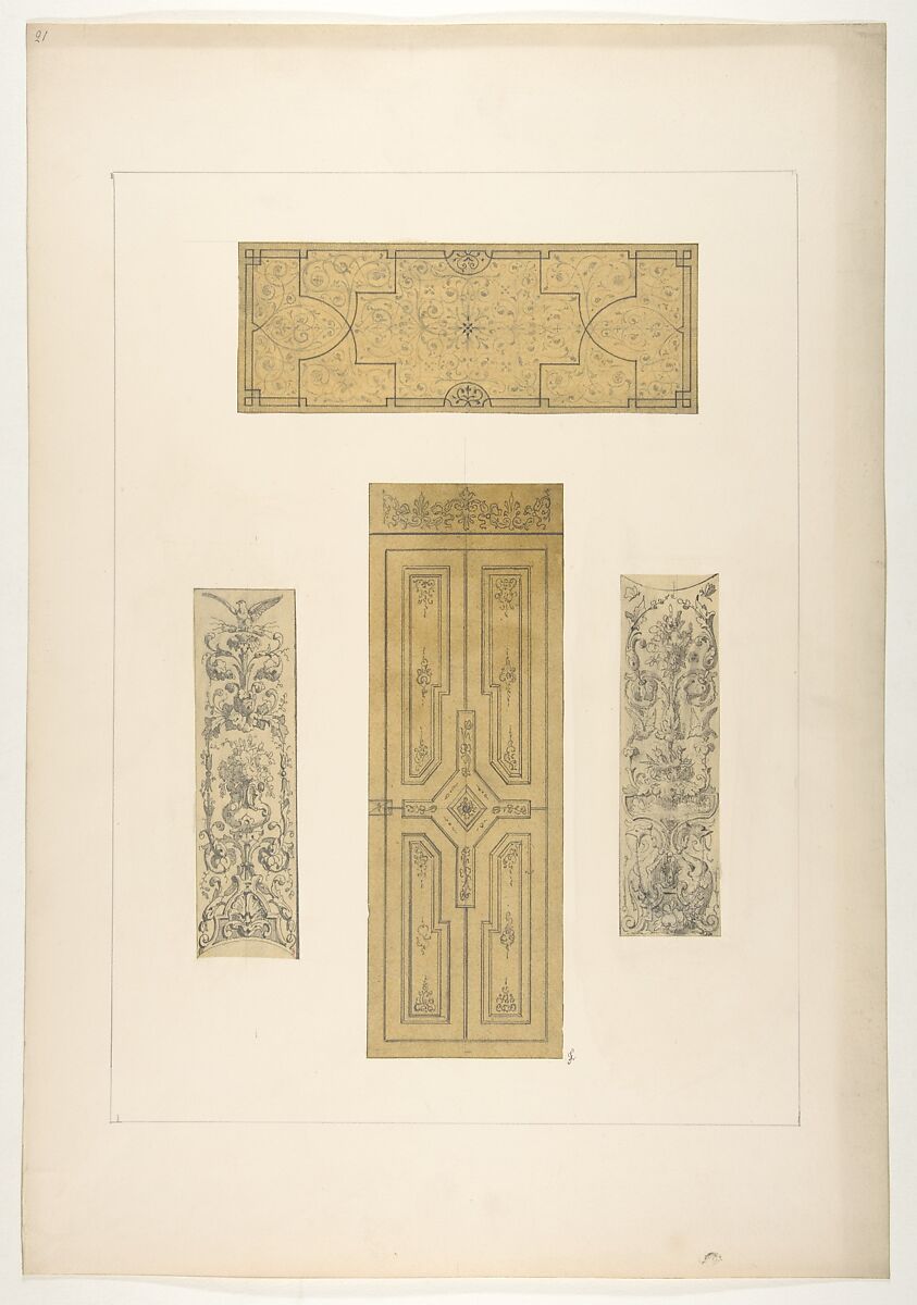 Four designs for decorative panels, Jules-Edmond-Charles Lachaise (French, died 1897), graphite and pen and ink on tracing paper; mounted on wove paper 