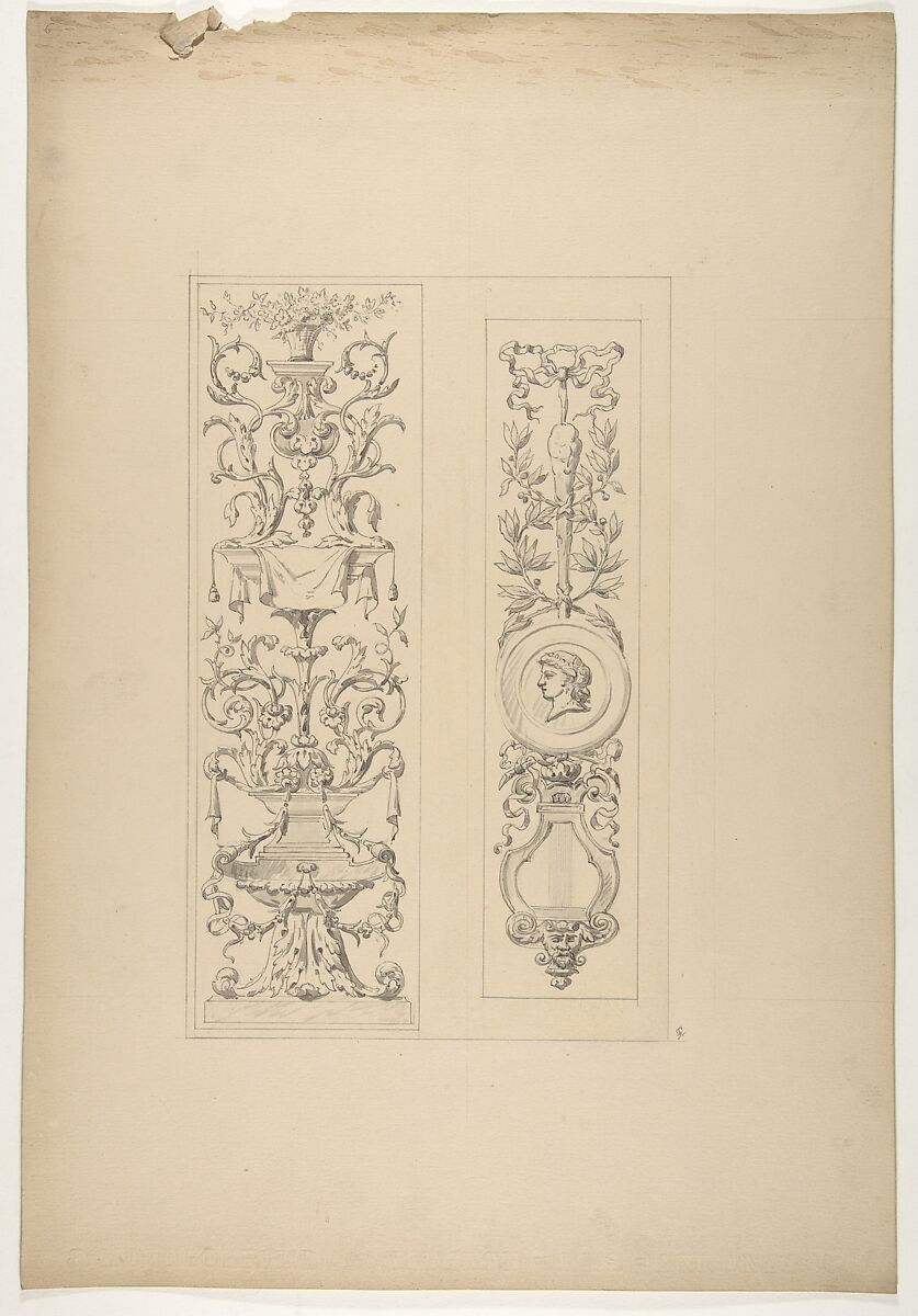 Two designs for decorative panels in rococco style, Jules-Edmond-Charles Lachaise (French, died 1897), pen and ink and wash over graphite on wove paper 